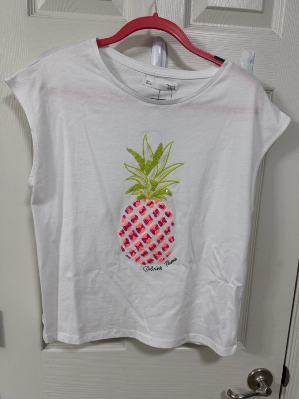 Sequined Neon Pineapple Graphic Cotton Tee Top Blouse